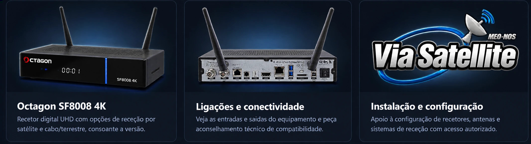 Recetores de satélite Octagon, conectividade e instalação