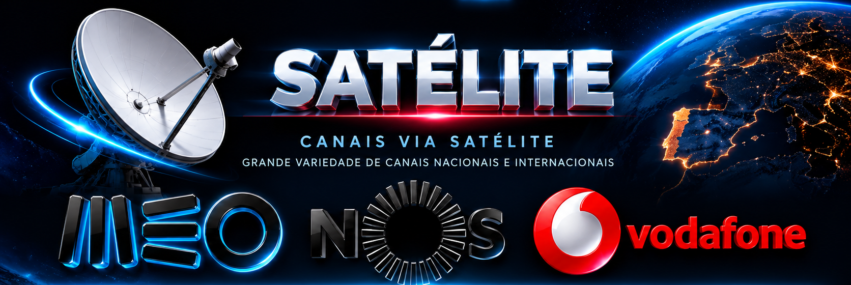 Satélite STREAM FHD com antena parabólica e logótipos MEO, NOS e Vodafone