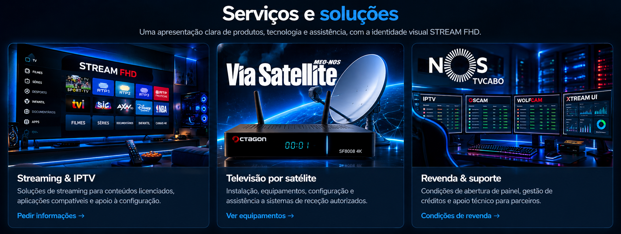 Serviços e soluções STREAM FHD: streaming IPTV, televisão por satélite e revenda e suporte